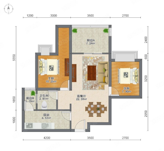 2室2厅 73.00平米